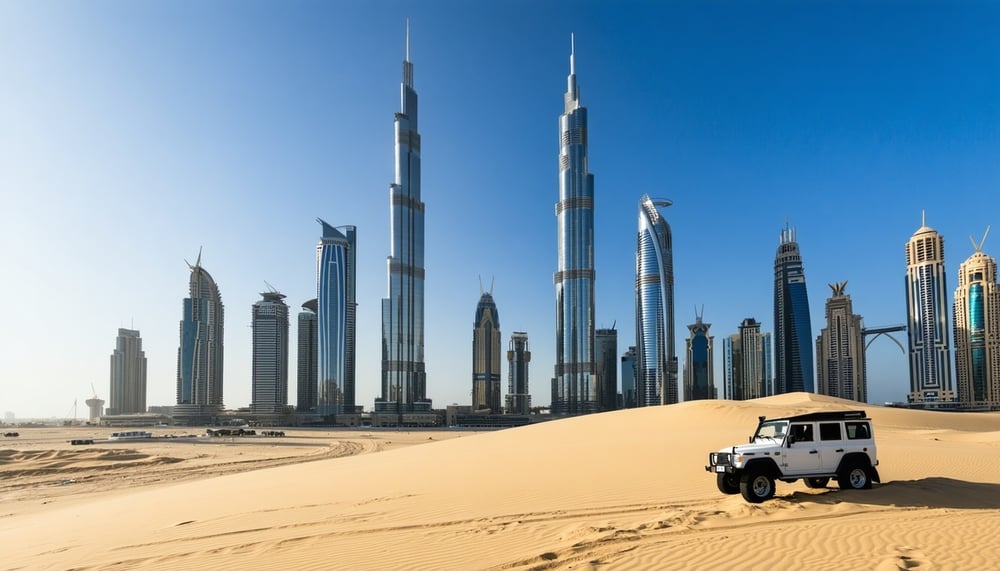 Dubai skyline with Burj Khalifa and desert adventure