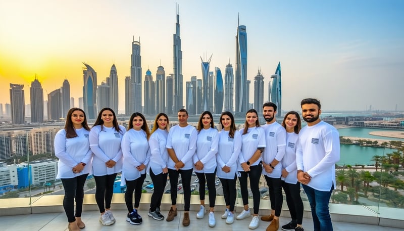 Dubai Road Pass Journey Travel team arranging a city tour with Dubai skyline in the background